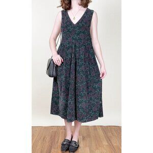 Vintage Floral Corduroy Pinafore Midi Maxi Dress Pleated Relaxed Fit Whimsigoth